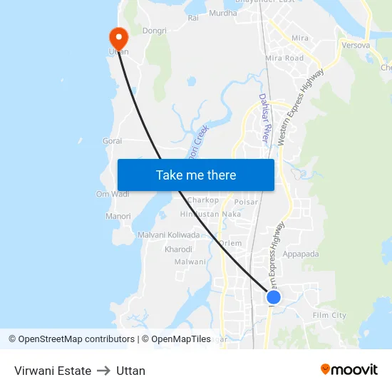 Virwani Estate to Uttan map