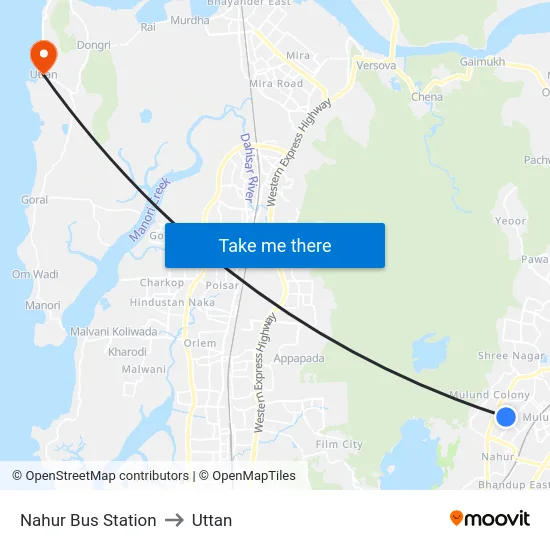 Nahur Bus Station to Uttan map
