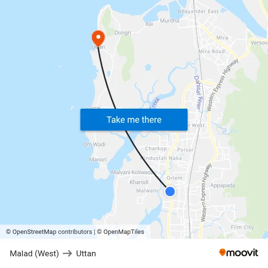 Malad (West) to Uttan map