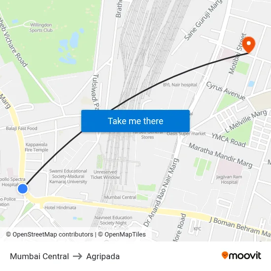 Mumbai Central to Agripada map