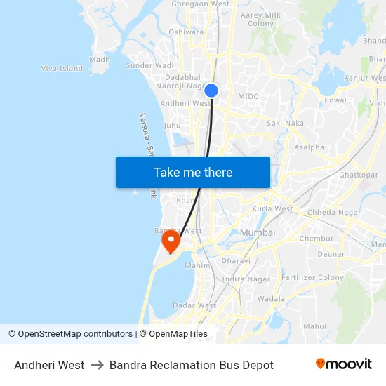Andheri West to Bandra Reclamation Bus Depot map