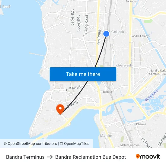 Bandra Terminus to Bandra Reclamation Bus Depot map
