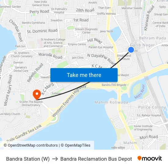 Bandra Station (W) to Bandra Reclamation Bus Depot map