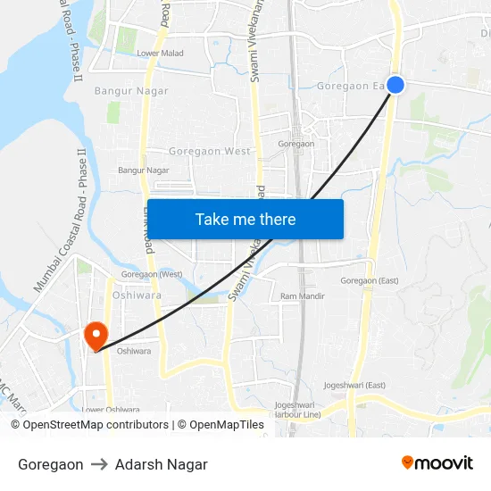 Goregaon to Adarsh Nagar map