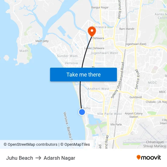 Juhu Beach to Adarsh Nagar map