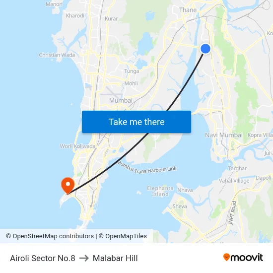 Airoli Sector No.8 to Malabar Hill map