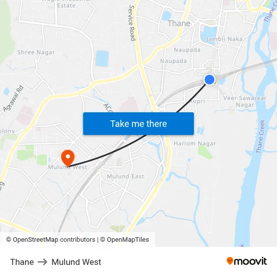 Thane to Mulund West map