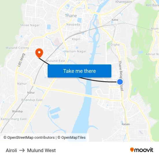 Airoli to Mulund West map