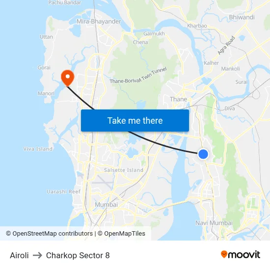 Airoli to Charkop Sector 8 map