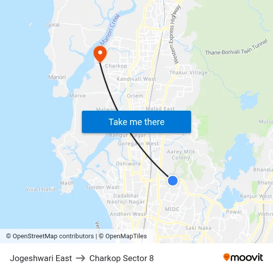 Jogeshwari East to Charkop Sector 8 map