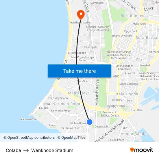 Colaba to Wankhede Stadium map