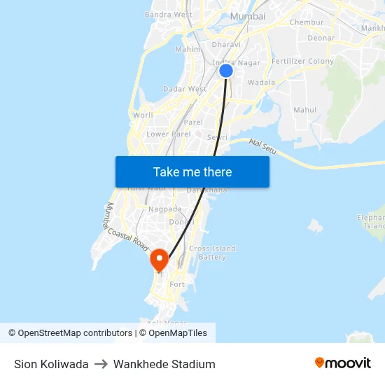 Sion Koliwada to Wankhede Stadium map