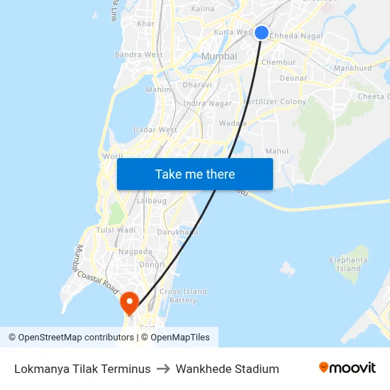 Lokmanya Tilak Terminus to Wankhede Stadium map