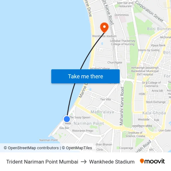 Trident Nariman Point Mumbai to Wankhede Stadium map
