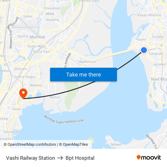 Vashi Railway Station to Bpt Hospital map