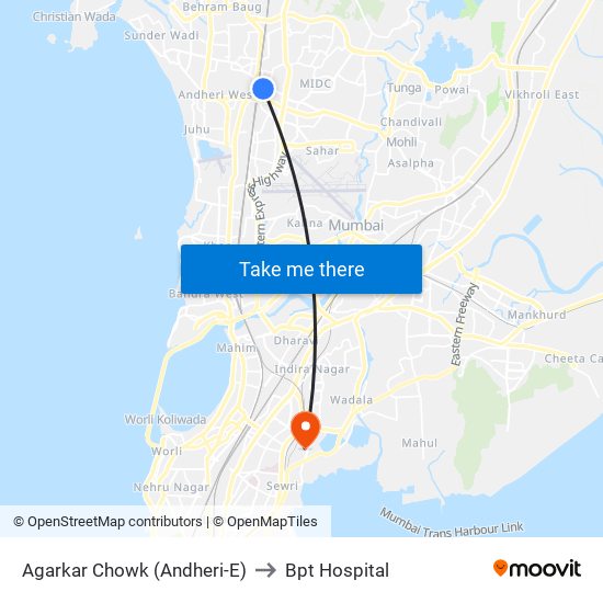 Agarkar Chowk (Andheri-E) to Bpt Hospital map