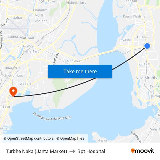 Turbhe Naka (Janta Market) to Bpt Hospital map