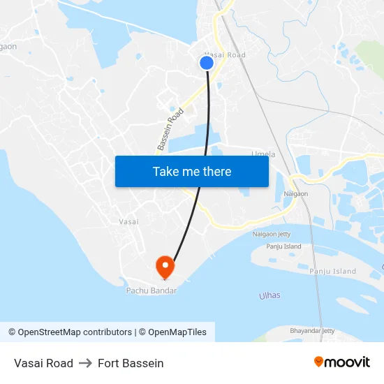 Vasai Road to Fort Bassein map
