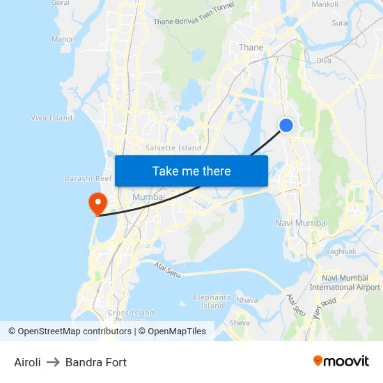 Airoli to Bandra Fort map