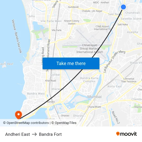 Andheri East to Bandra Fort map