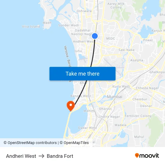Andheri West to Bandra Fort map