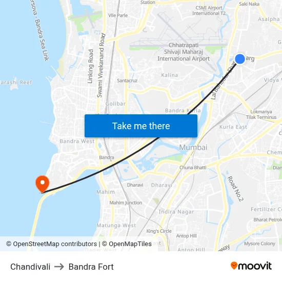 Chandivali to Bandra Fort map