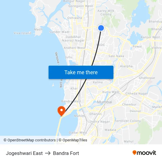 Jogeshwari East to Bandra Fort map