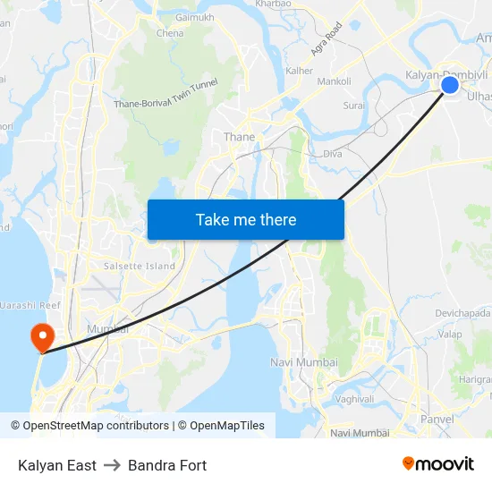Kalyan East to Bandra Fort map