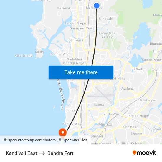 Kandivali East to Bandra Fort map