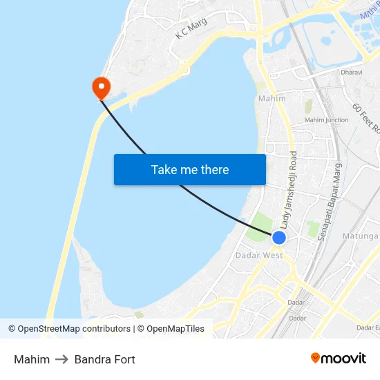 Mahim to Bandra Fort map