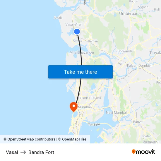 Vasai to Bandra Fort map