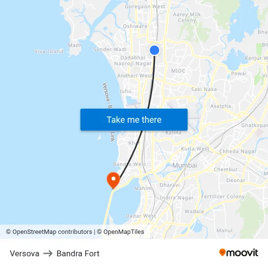 Versova to Bandra Fort map