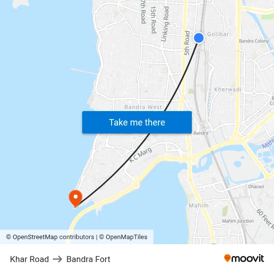 Khar Road to Bandra Fort map