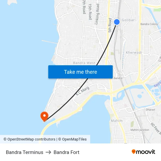 Bandra Terminus to Bandra Fort map