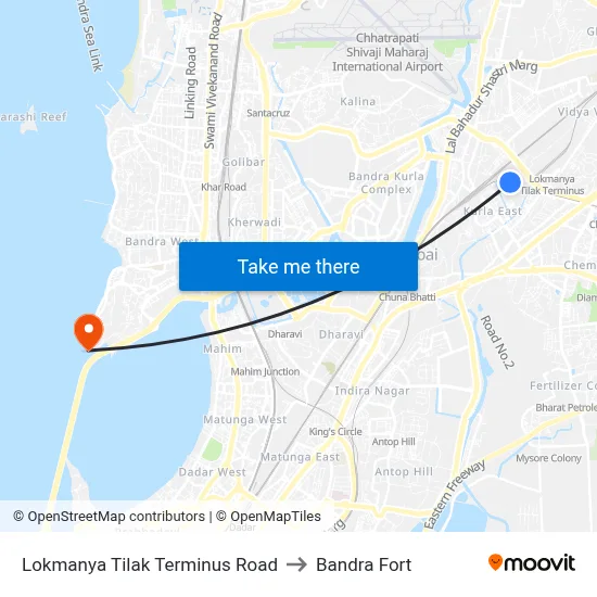 Lokmanya Tilak Terminus Road to Bandra Fort map
