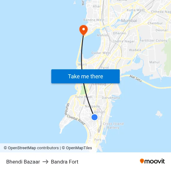 Bhendi Bazaar to Bandra Fort map