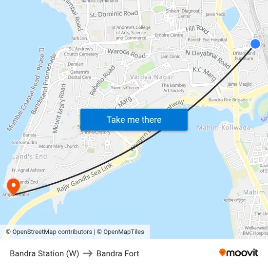 Bandra Station (W) to Bandra Fort map