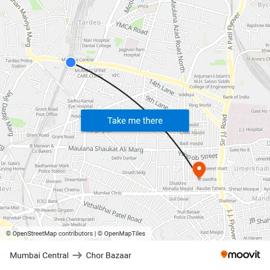Mumbai Central to Chor Bazaar map