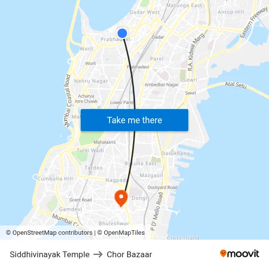 Siddhivinayak Temple to Chor Bazaar map