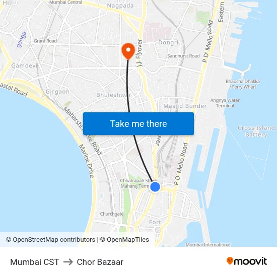 Mumbai CST to Chor Bazaar map