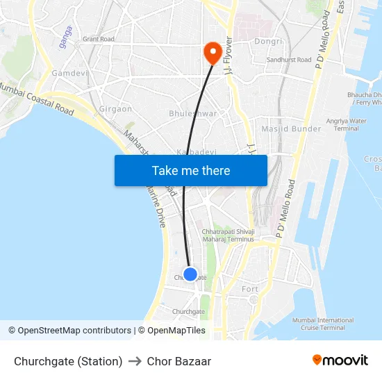 Churchgate (Station) to Chor Bazaar map