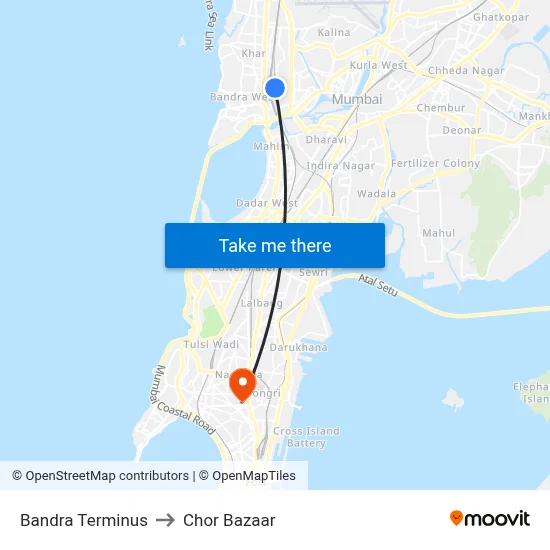 Bandra Terminus to Chor Bazaar map