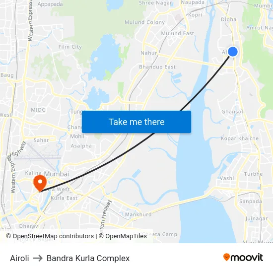 Airoli to Bandra Kurla Complex map
