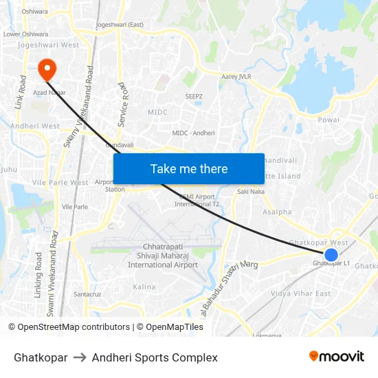 Ghatkopar to Andheri Sports Complex map