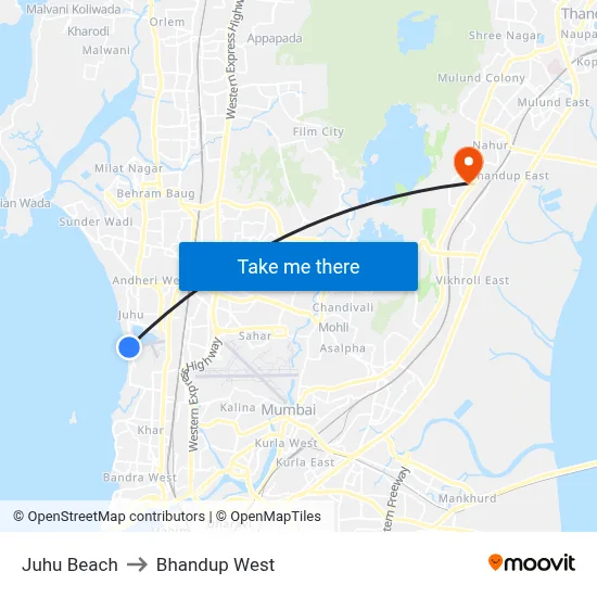 Juhu Beach to Bhandup West map