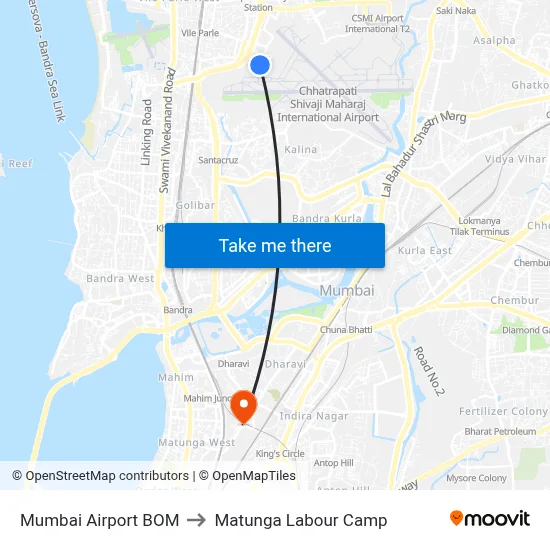 Mumbai Airport BOM to Matunga Labour Camp map