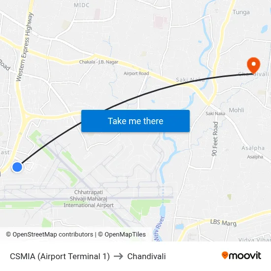 CSMIA (Airport Terminal 1) to Chandivali map