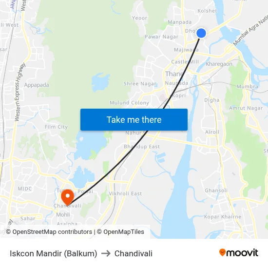 Iskcon Mandir (Balkum) to Chandivali map