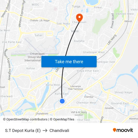 S.T Depot Kurla (E) to Chandivali map