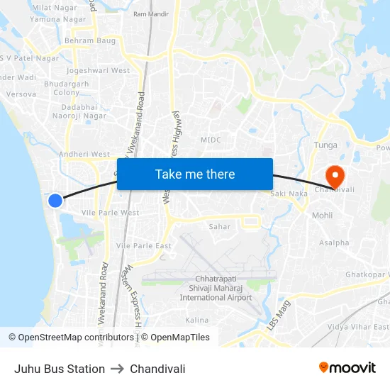 Juhu Bus Station to Chandivali map